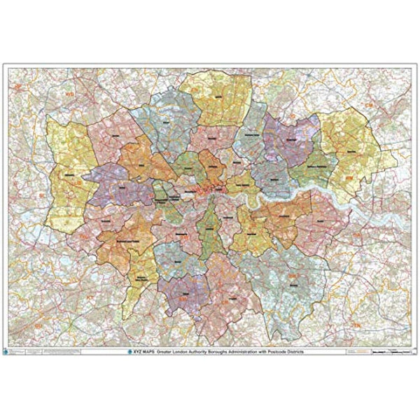 Greater London Authority Boroughs with Postcode Districts Wall Map - 47" x 33.25" Laminated