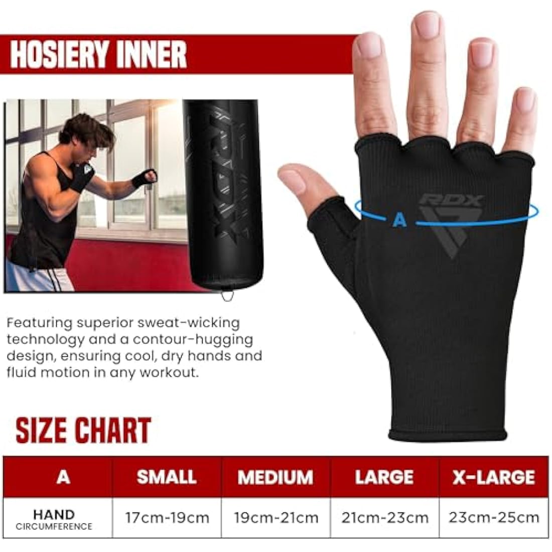 RDX Boxing Hand Wraps Inner Gloves for Punching - Half Finger Elasticated Bandages under Mitts Fist Protection - Great for MMA, Muay Thai, Kickboxing, Martial Arts Training, Combat Sports