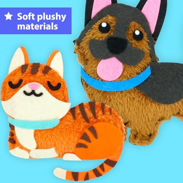 KRAFUN Easy Sewing Kit for Kids, Beginner Crafts with 8 DIY Stuffed Dolls (Puppies, Kittens, Dogs, Cats), Felt Materials, Instructions, Embroidery Supplies, Pre-Punched Fabric, Gift for Girls & Boys