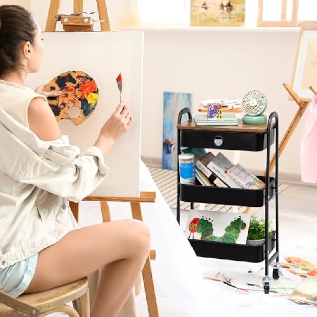 DOEWORKS Metal Storage Cart with Drawer, 3-Tier Trolley Cart on Wheels, Rolling Storage Trolley for Room, Bathroom, Office, Black