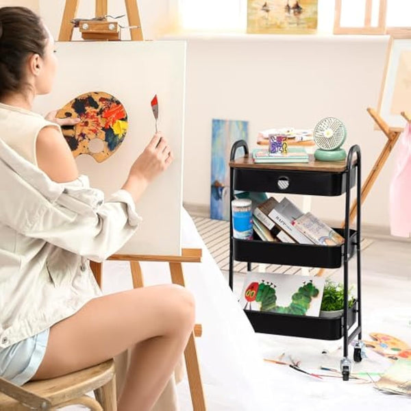 DOEWORKS Metal Storage Cart with Drawer, 3-Tier Trolley Cart on Wheels, Rolling Storage Trolley for Room, Bathroom, Office, Black