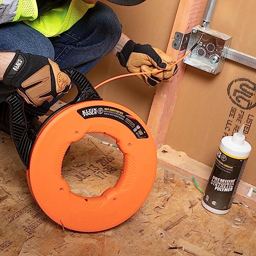 KLEIN TOOLS 56382 Fish Tape, Multi-Groove Fiberglass Wire Puller with Nylon Tip, Optimized Housing and Handle,Orange/Black, 15 m