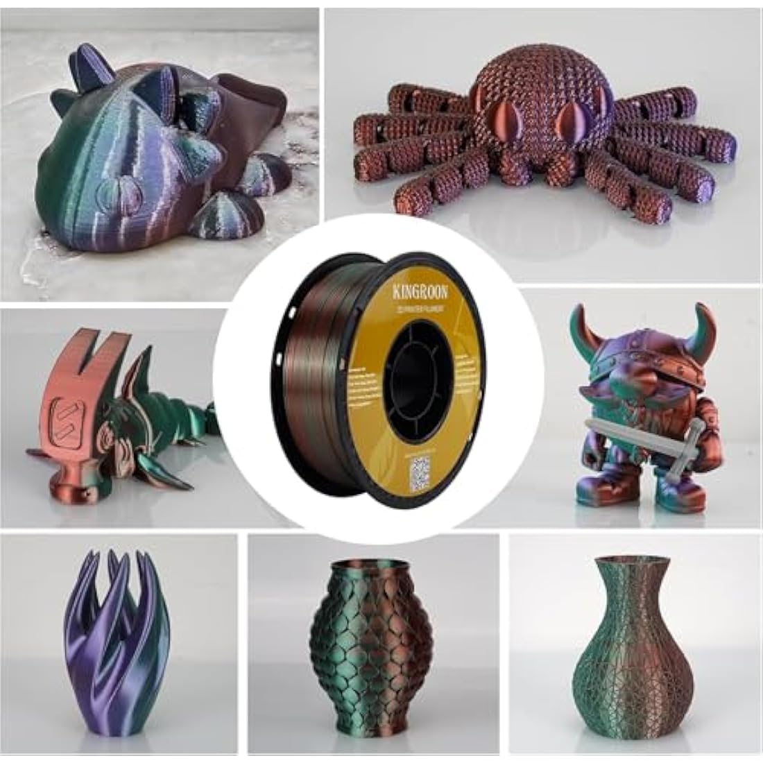 Kingroon PLA 3D Printer Filament,Single and Tri Color Pla Filament,10 Rolls,Dimensional Accuracy +/- 0.02 mm, 10 kg Spool(22lbs) 1.75 mm Filament…