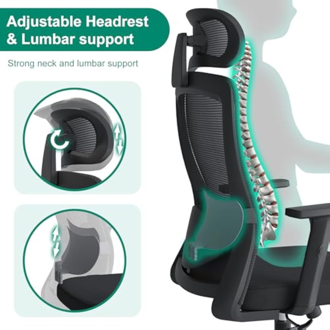 Eucladoceros Office Chairs,Ergonomic Desk Chairs with Adjustable Lumbar Support,2D Headrest & Armrest 120° Rocking High Back Mesh Executive Office Chair for home, Desk Chair, Black