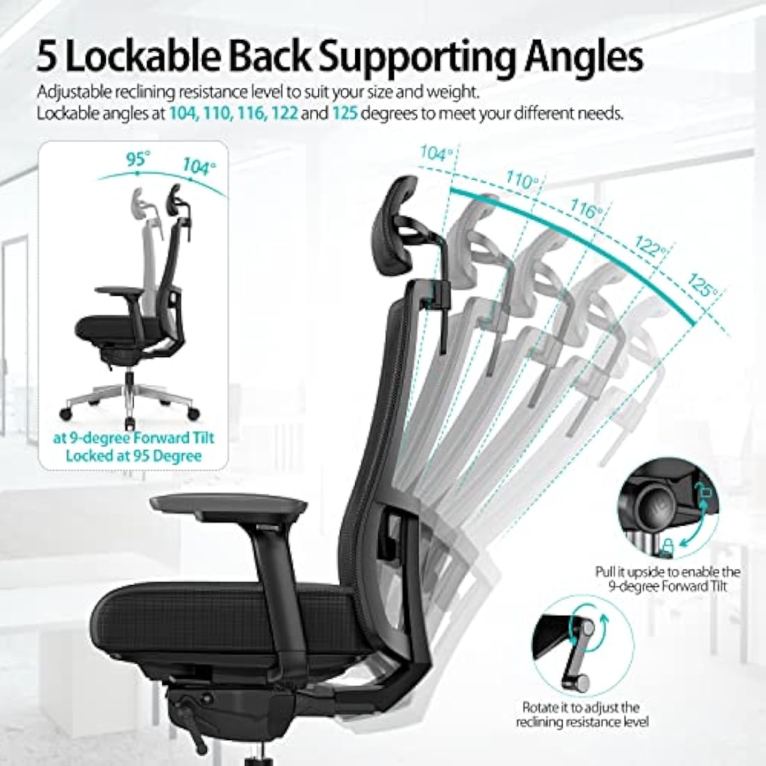 Duwinson Ergonomic Home Office Chair With 4-Way Adjustment Armrest, Mesh Computer Desk Chair, Reclining Adjustment Back Support, Adjustable Headrest, Padded Lumbar Support (Black-PI)