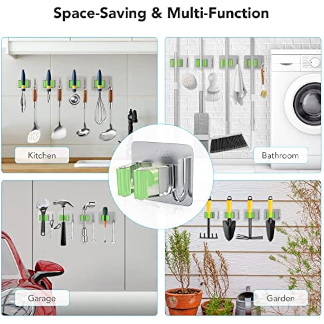 homeasy Mop Broom Holder, 4 Pcs Stainless Steel Self Adhesive Mop Holder Wall Mounted with Hooks Hanger Self-Adhesive Broom Holder for Bathroom, Kitchen, Office, Closet, Garden Garage (Green)