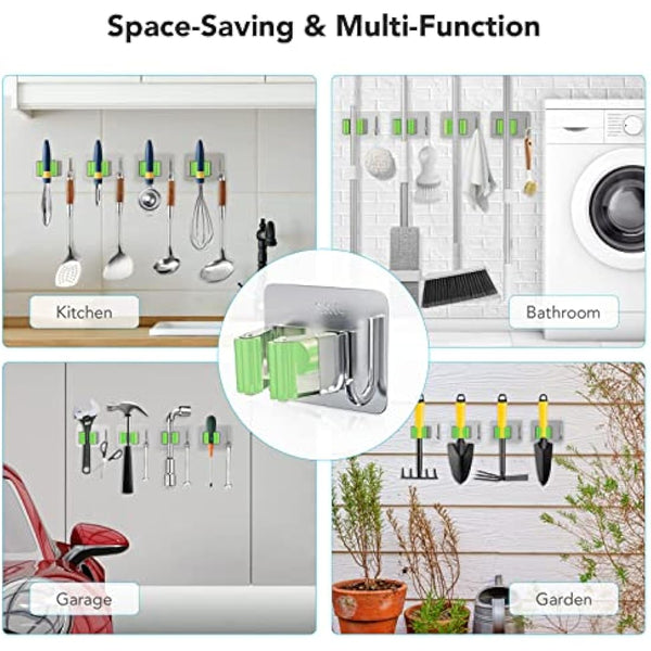 homeasy Mop Broom Holder, 4 Pcs Stainless Steel Self Adhesive Mop Holder Wall Mounted with Hooks Hanger Self-Adhesive Broom Holder for Bathroom, Kitchen, Office, Closet, Garden Garage (Green)