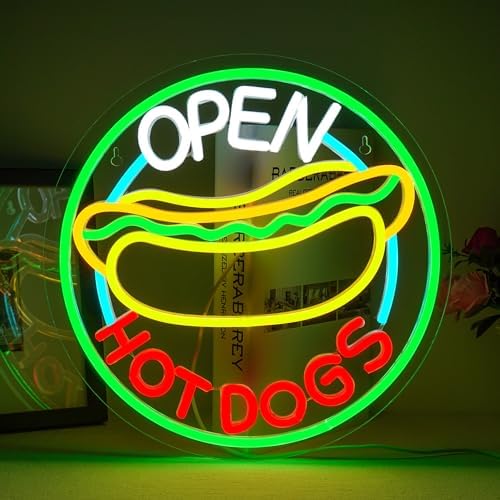 Ineonlife Open Hot Dogs Neon Signs for Wall Decor Neon Lights for Restaurant Dimmable Led Business Signs for Fast shops Christmas Party Gift Wall Hanging Decorative Lights 5V/2A USB Connectivity