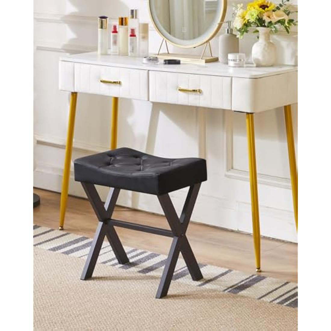 IBUYKE U-shaped PU Vanity Stool, Square Makeup Stool with X-Leg, Ottoman Seat Footrest Stool, Multi-Use as Small Side Table, for Bedroom, Living Room, Black WBD019B