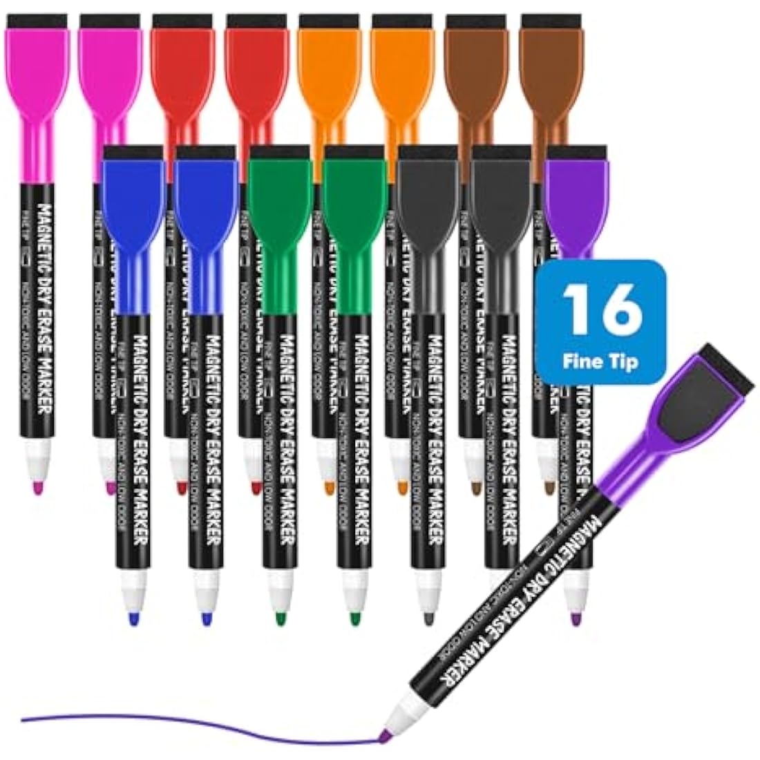 maxtek Dry Wipe Whiteboard Markers with Magentic, Fine Tip, Assorted Colours, White Board Pens with Eraser (Fine tip 8 color, 16)