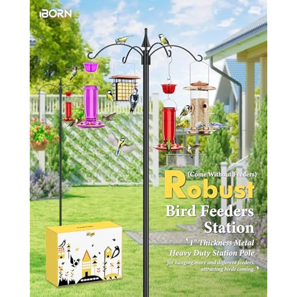 iBorn Bird Feeders Hanging Station 87Inch Wild Bird Feeding Station Stand Heavy Duty For Feeders Hanging, 1 Inch Thickness Pole, 4-Hooks,5-Prong Pole Stabilizer(Bird Feeders NOT Included)
