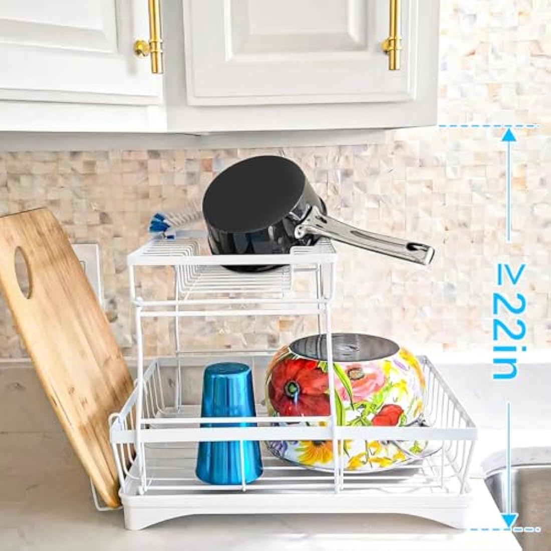 7 code Large Dish Drying Rack for Kitchen Counter,Detachable Large Capacity Dish Drainer Organizer with Utensil Holder,2-Tier Dish Drying Rack with Drain Board,White