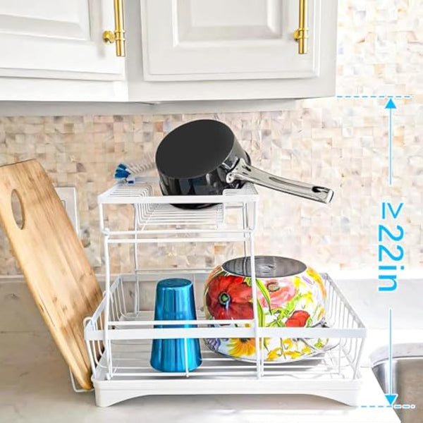 7 code Large Dish Drying Rack for Kitchen Counter,Detachable Large Capacity Dish Drainer Organizer with Utensil Holder,2-Tier Dish Drying Rack with Drain Board,White