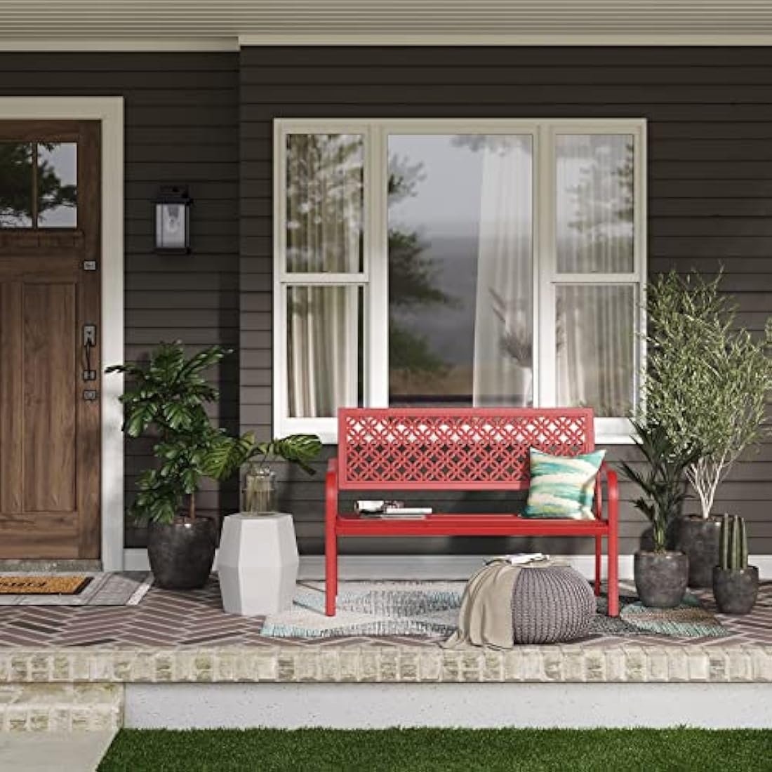 Grand patio Garden Bench, Outdoor Bench with 2-3 Seater, Rust Resistant, Stamped Pattern, Choice of Colours, Suitable for Indoor, Outdoor, Patio, Park (Bossa Nova Red)