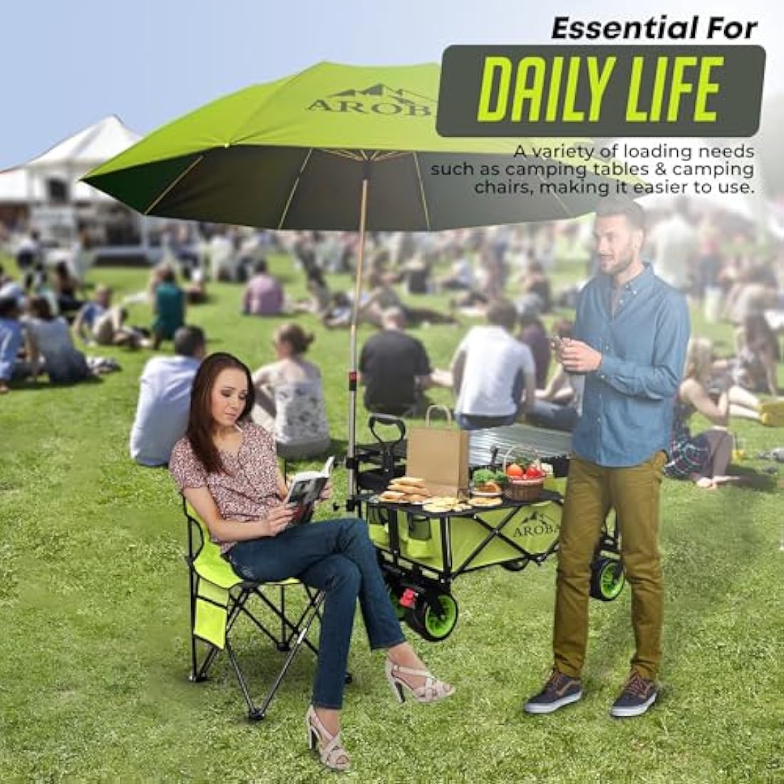 Heavy Duty Folding Festival Trolley – 300L Extra-Large – Includes Chair & Oversized Umbrella Collapsible Wagon with All-Terrain Wide Wheels, Adjustable Handle & 100KG Capacity (Dark Green)