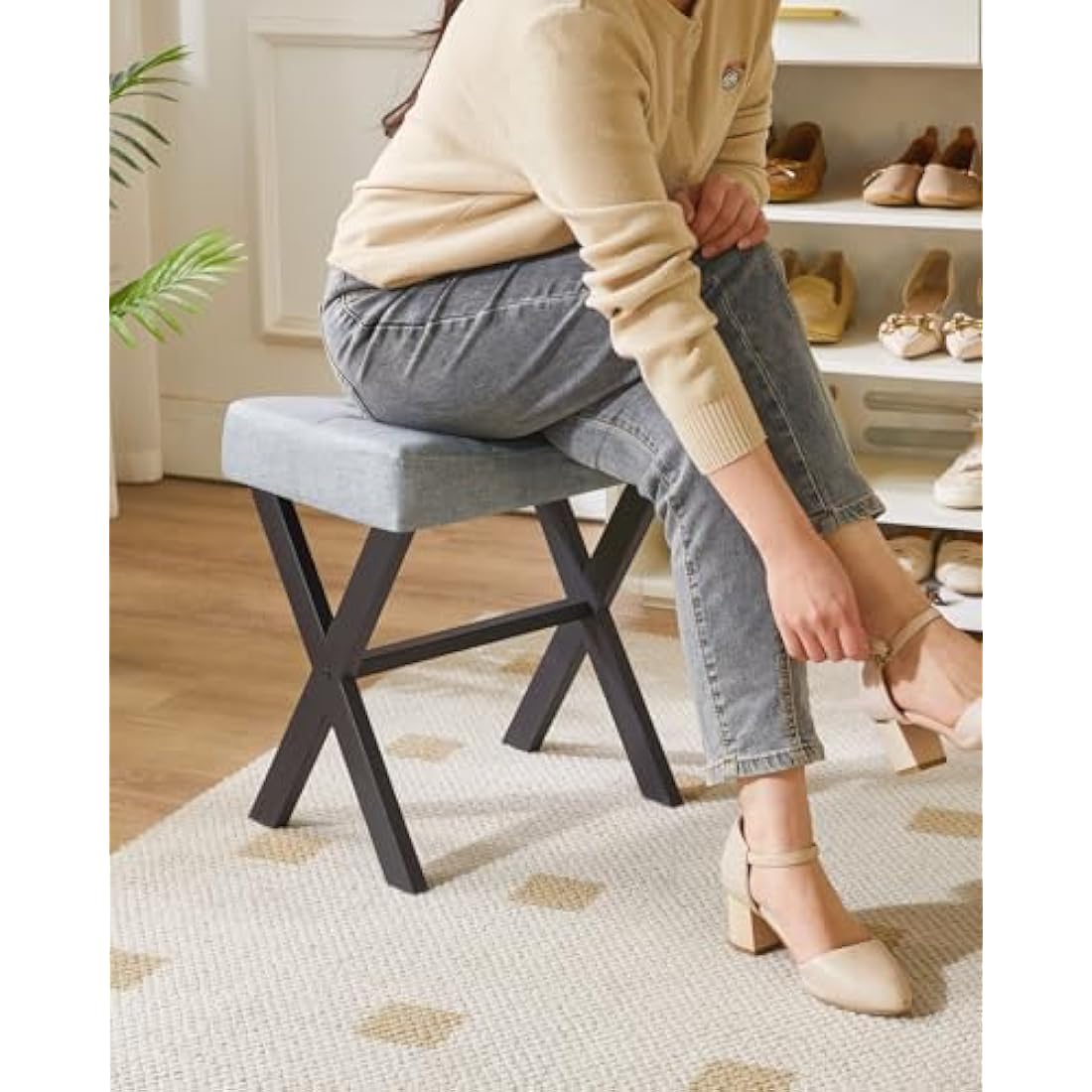 IBUYKE U-shaped Linen Vanity Stool, Square Makeup Stool with X-Leg, Ottoman Seat Footrest Stool, Multi-Use as Small Side Table, for Bedroom, Living Room, Blue Gray WBD018L