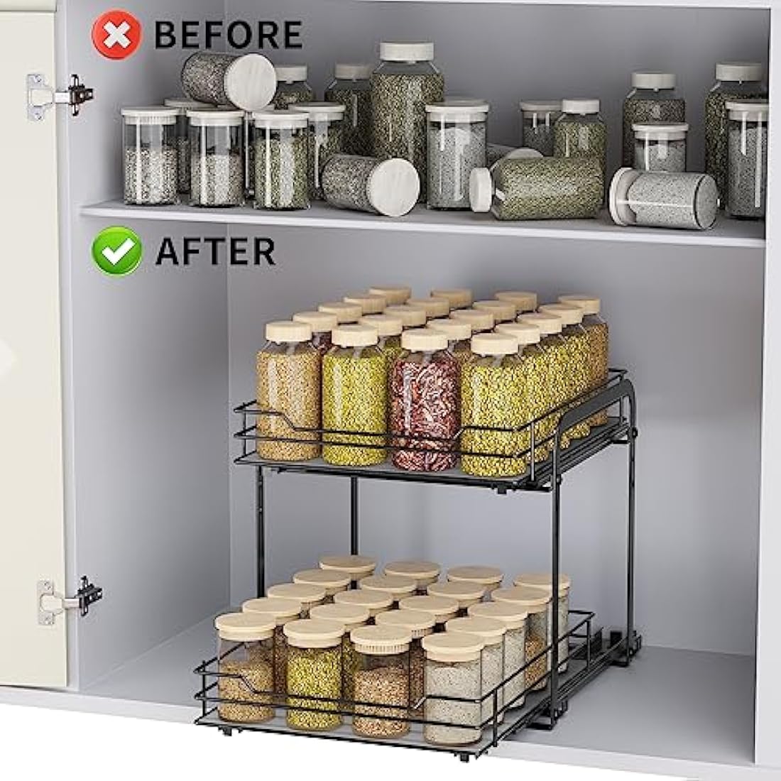 AIRUJIA Pull Out Cabinet Organizer - Height Adjustable 2-Tier Spice Rack, Heavy Duty Metal, Kitchen Storage Shelf - L10.4*W9*H9inch