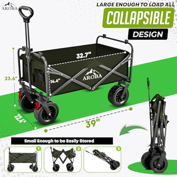 Heavy Duty Folding Festival Trolley – 300L Extra-Large – Includes Chair & Oversized Umbrella Collapsible Wagon with All-Terrain Wide Wheels, Adjustable Handle & 100KG Capacity (Dark Green)