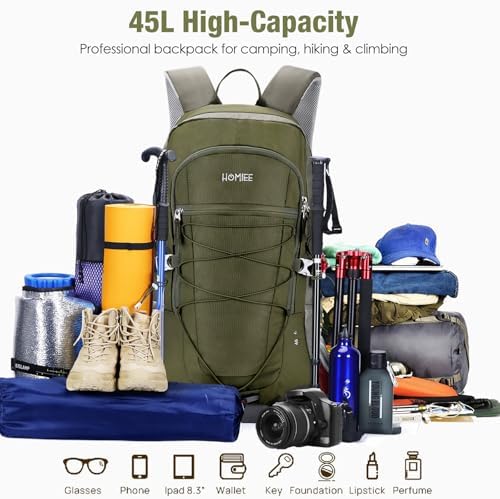 HOMIEE 45L 60L Hiking Rucksack for Men Women, Waterproof Hiking Backpack Lightweight Skiing Camping Trekking Travel Backpack for Fishing, Cycling, Climbing