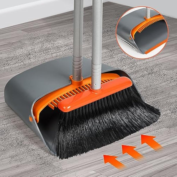 Jekayla Long Handled Dustpan and Brush, Broom and Dustpan Set, Household Dust pan Combo with 54 Inch Handle for Indoor Outdoor Household Cleaning and Sweeping (Orange)