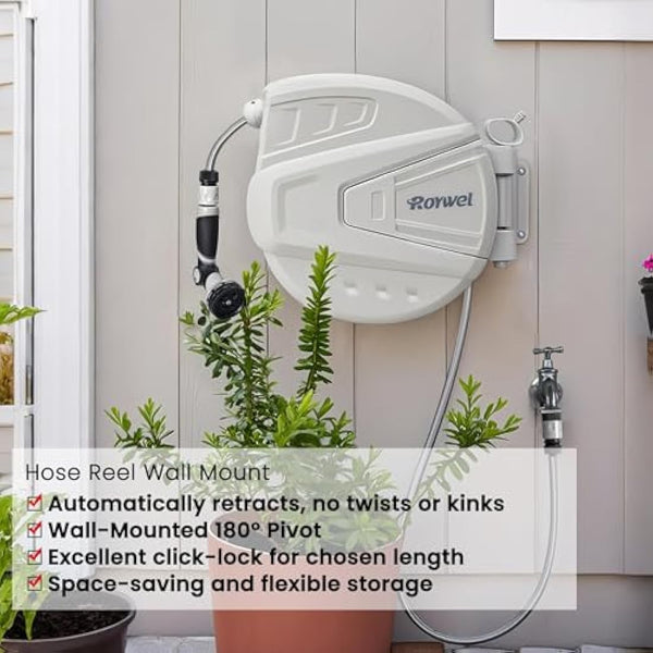 Roywel Auto Reel Garden Hose 30M，Hose Reel Wall Mounted，Auto Rewind, Self-Locking System,180° Pivotal with Multifunction Spray Nozzle