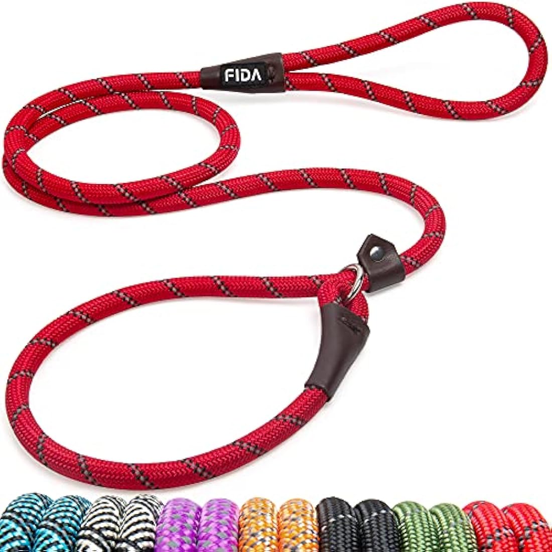 Fida Slip Lead for Dogs | 1.8m, One-Size-Fits-All, Slip-On Rope Lead. Easy to Slip On, No Collar or Harness Needed. Durable & Weather Resistant Climbers Rope with Reflective Stitching (Pack of 5)