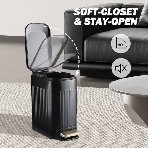 ELPHECO Slim Bathroom Trash Can Foot-Operated Stainless Steel Garbage Can with Soft Close Lid Step Trash Bin with Removable Inner Bucket for Bedroom, Office, Kitchen (Matt Black, 1.8 Gallons)