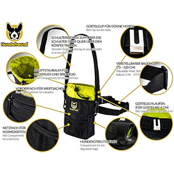 Hundefreund Dog Treat Bag | 4 in 1 with Waist Strap, Belt Clip, Belt Straps and Shoulder Strap | 4 Compartments