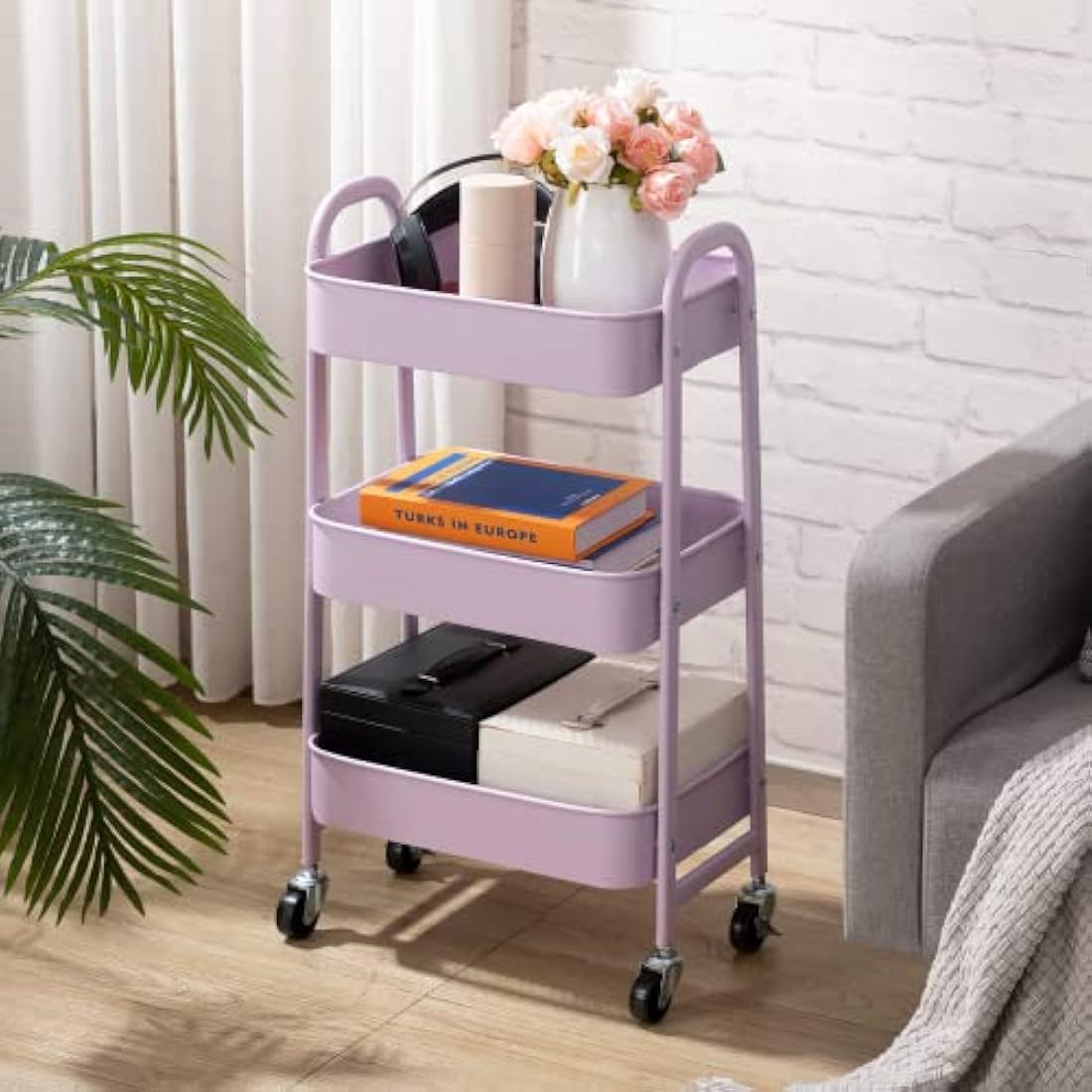 DOEWORKS 3-Tier Storage Cart Rolling Trolley Cart, Metal Utility Shelves with Wheels for Kitchen Makeup Bathroom Office, Light Purple