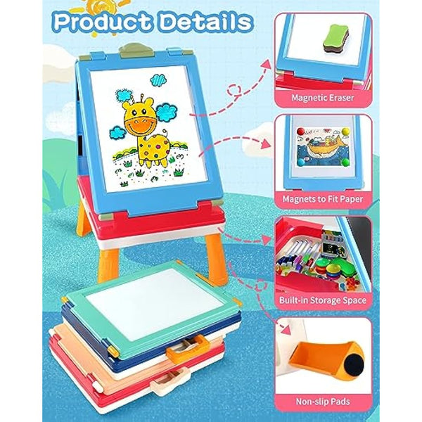 Elovien Easel Kids, 4 in 1 Double Sided Toddler Art Easel with Chalkboard & Magnetic Whiteboard, Foldable Kids Tabletop Easel with Drawing & Writing Accessories - Gift for Boys and Girls (Blue)