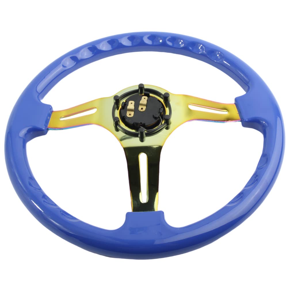 350mm Green Racing Steering Wheel Neo Chrome Spoke Universal 6 Bolts 45mm Deep Dish Classic ABS Wood Steering Wheel with Horn Button