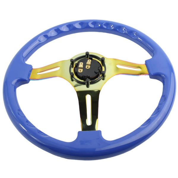 350mm Green Racing Steering Wheel Neo Chrome Spoke Universal 6 Bolts 45mm Deep Dish Classic ABS Wood Steering Wheel with Horn Button