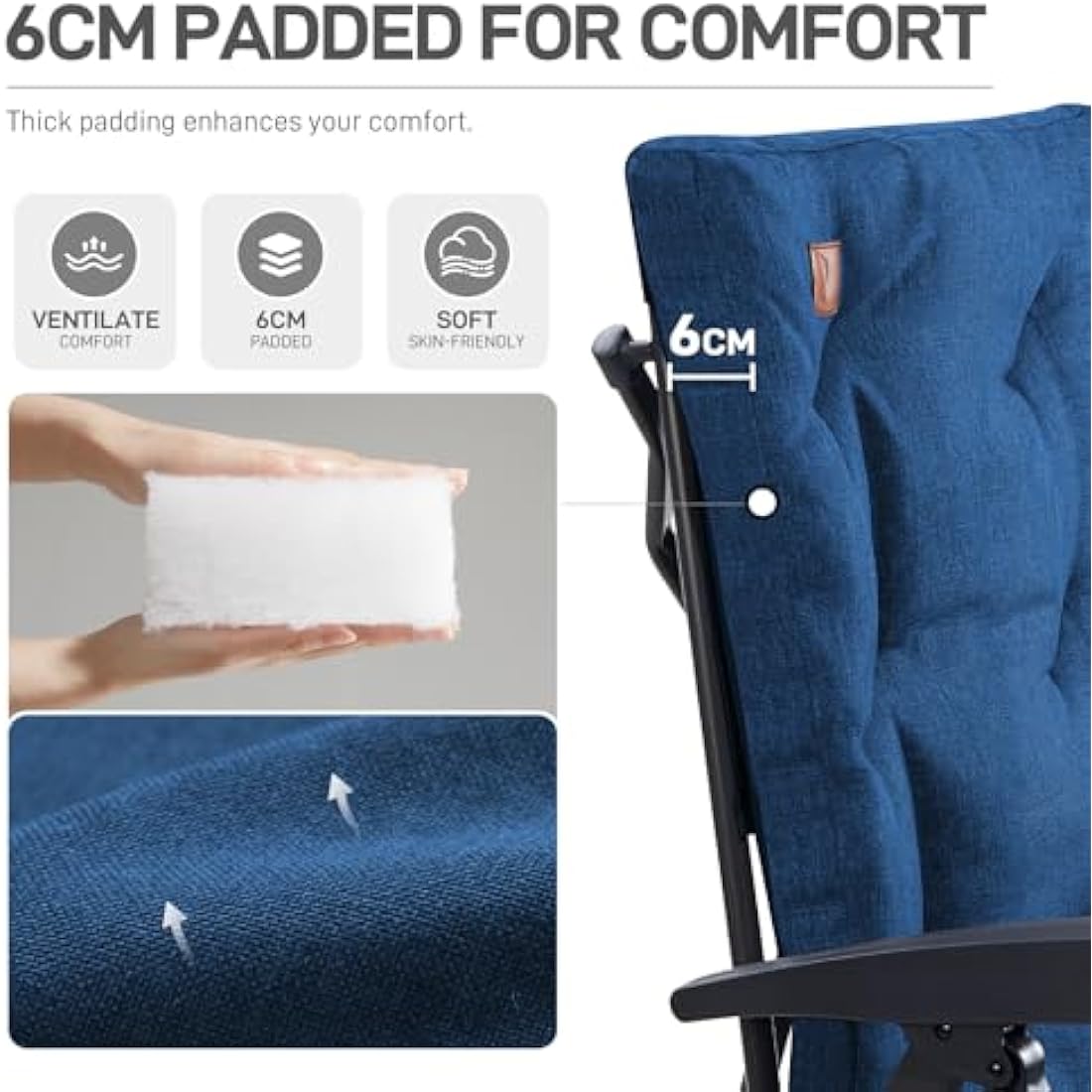 EVER ADVANCED Luxury Camping Chairs for Adults Heavy Duty High Back Oversized Folding Garden Chair Comfy Padded 6cm Loadable 150kg Camp Adjustable Dining Chairs 4-Position Recliner Deck Blue