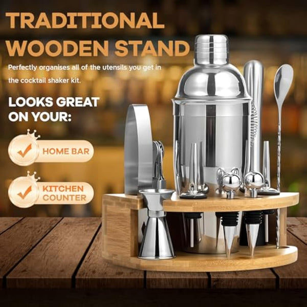 12-Piece Bartender Cocktail Shaker Set, 750 ml Stainless Steel Boston Cocktail Shaker, Perfect Cocktail Set with Wooden Stand for Home, Bar & Party Gift