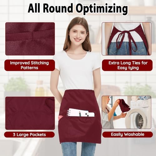 FunChaos 6 Pack Black Waist Apron, Waitress Apron with 3 Pockets, Waterproof Half Apron for Men and Women, Chef Apron for Cooking Cleaning Painting Gardening Bistro Restaurant