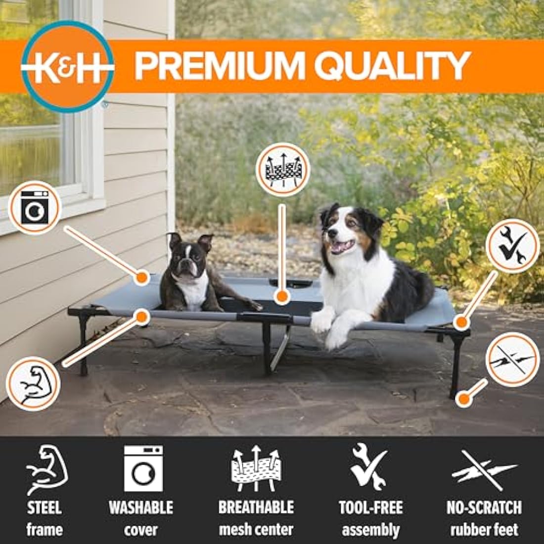 K&H Pet Products Cooling Elevated Dog Bed Outdoor Raised Cot with Washable Breathable Mesh, No-Slip Rubber Feet, Portable Cot Indoor Outdoor, X-Large Grey/Black Mesh