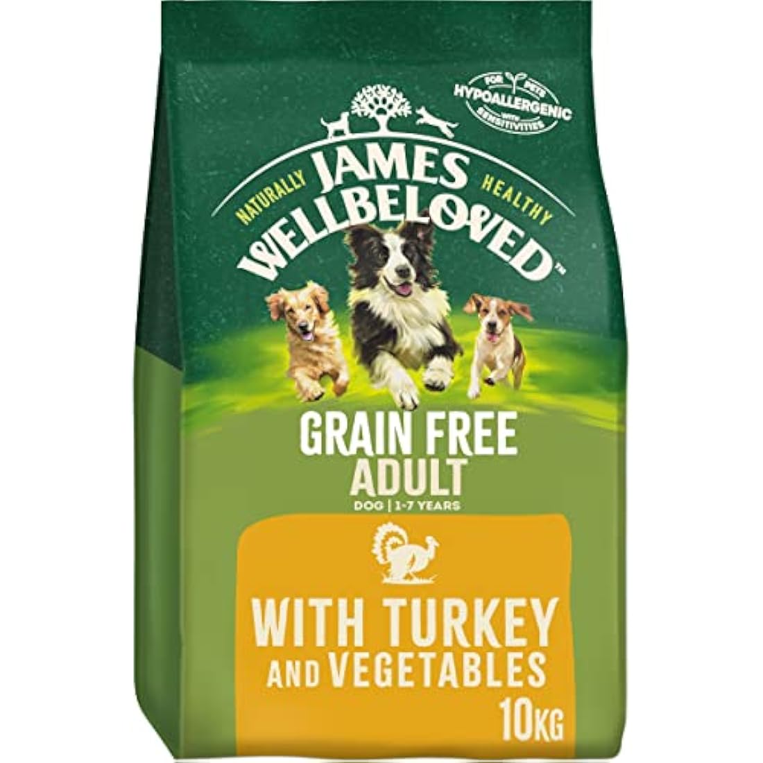 JAMES WELLBELOVED Hypoallergenic Grain Free Adult Dry Dog Food - 10 kg - Turkey & Vegetables - Bulk Dry Dog Food Pack