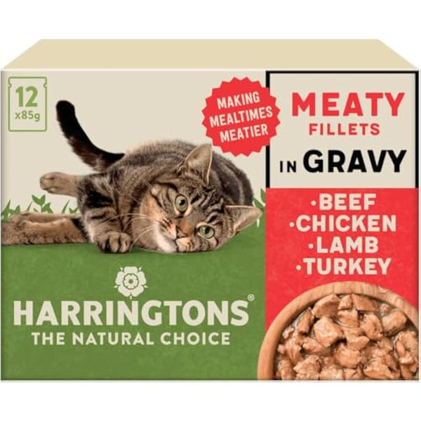 Harringtons Complete Wet Pouch Grain Free Hypoallergenic Adult Cat Food Meaty in Gravy Pack 72x85g - Beef, Chicken, Lamb & Turkey - Making Mealtimes Meatier