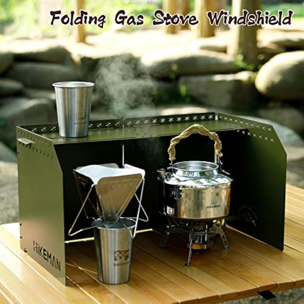 HIKEAMN Gas Stove Windshield - Folding Camping Stove Windshield Cooker WindScreen With a Storage Bag for Camping,Hiking,Picnic,Cooking（Army Green)