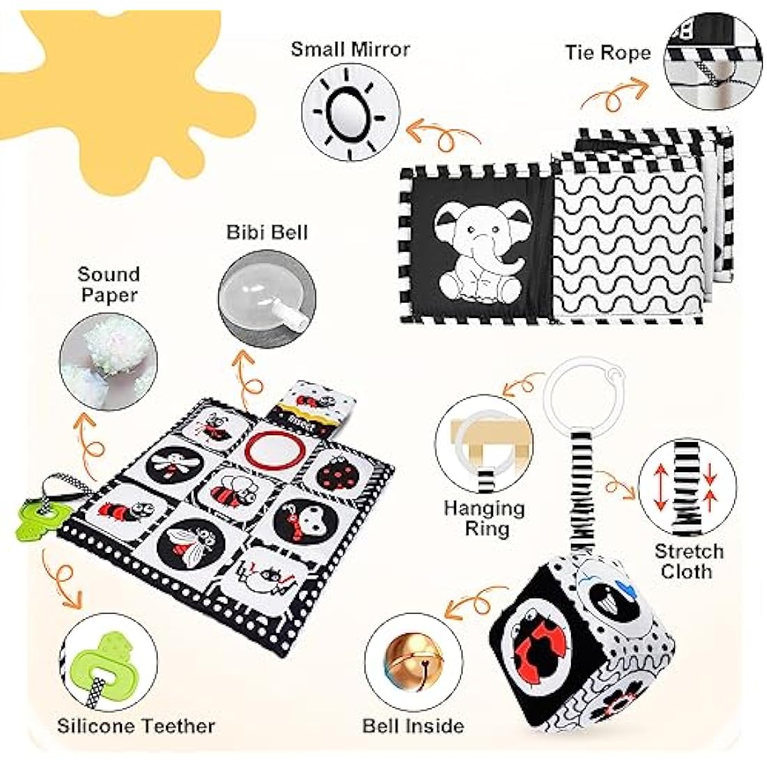 HappyKidsClub Black and White Sensory Toys, Baby 0-6 Months Montessori for Babies 6-12 Soft Book 6 Plus Tummy Time Gifts Newborn Toys