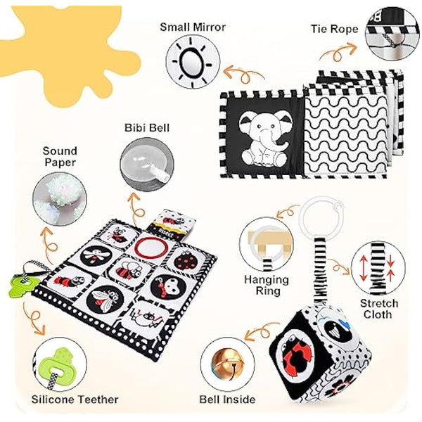 HappyKidsClub Black and White Sensory Toys, Baby 0-6 Months Montessori for Babies 6-12 Soft Book 6 Plus Tummy Time Gifts Newborn Toys