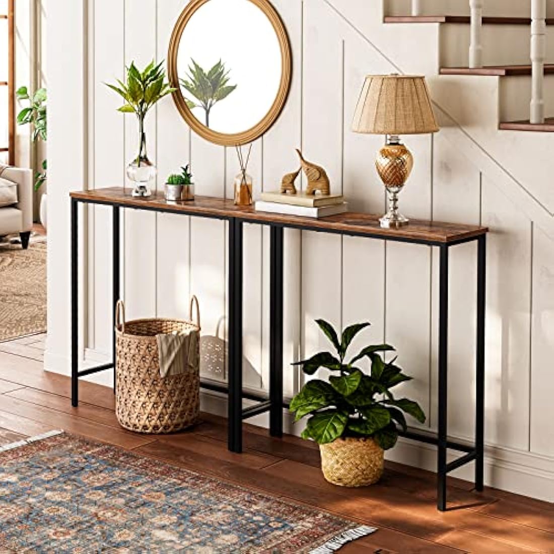 HOOBRO Console Table, Slim Console Table for Hallway, Metal Frame, Compact Display Table, Sofa Table for Small Spaces, Entryway, Living Room, Sturdy, Rustic Brown and Black EBF75XG01