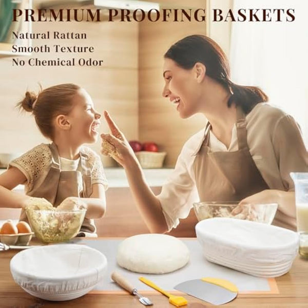 Sopito Sourdough Starter Kit, 9" Round & 10" Oval Banneton Proofing Basket Set with Bread Lame, Dough Whisk, Cloth Liners & Storage Bag, Bakery-Grade Sourdough Prooving Basket