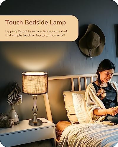 EDISHINE Bedside Lamps Set of 2, 3 Way Dimmable Touch Lamp with USB Charging, Table Lamps for Living Room, Bedroom, Black Linen Shade (LED Bulbs Included)