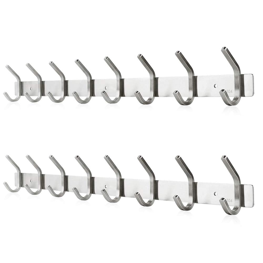 Dripex Coat Hook Rack Wall Mounted 304 Stainless Steel Hanger Heavy Duty Clothes Hat Holder (8 Hooks - 2 Pack)