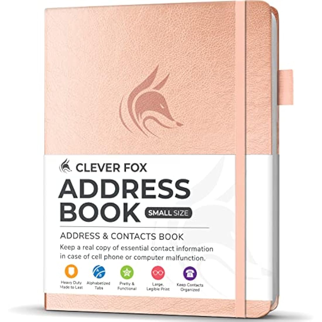 Clever Fox Address Book with alphabetic tabs - PU Leather Telephone and Address Book for Keeping Contacts Safe, Contact Organizer Journal, Small Size (10.5 x 14cm), Hardcover, Rose Gold
