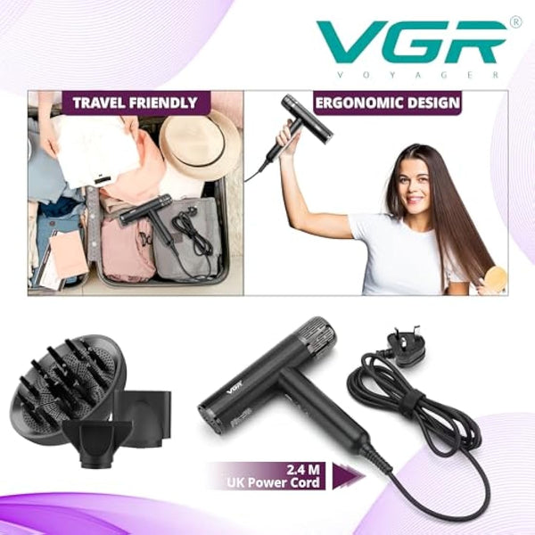 VGR Professional Hair Dryer - High Speed Powerful Brushless 11000 RPM - Fast Dry Negative Ionic - Lightweight Blow Hairdryer with Diffuser for Curly Hair and Nozzle - Quiet Low Noise