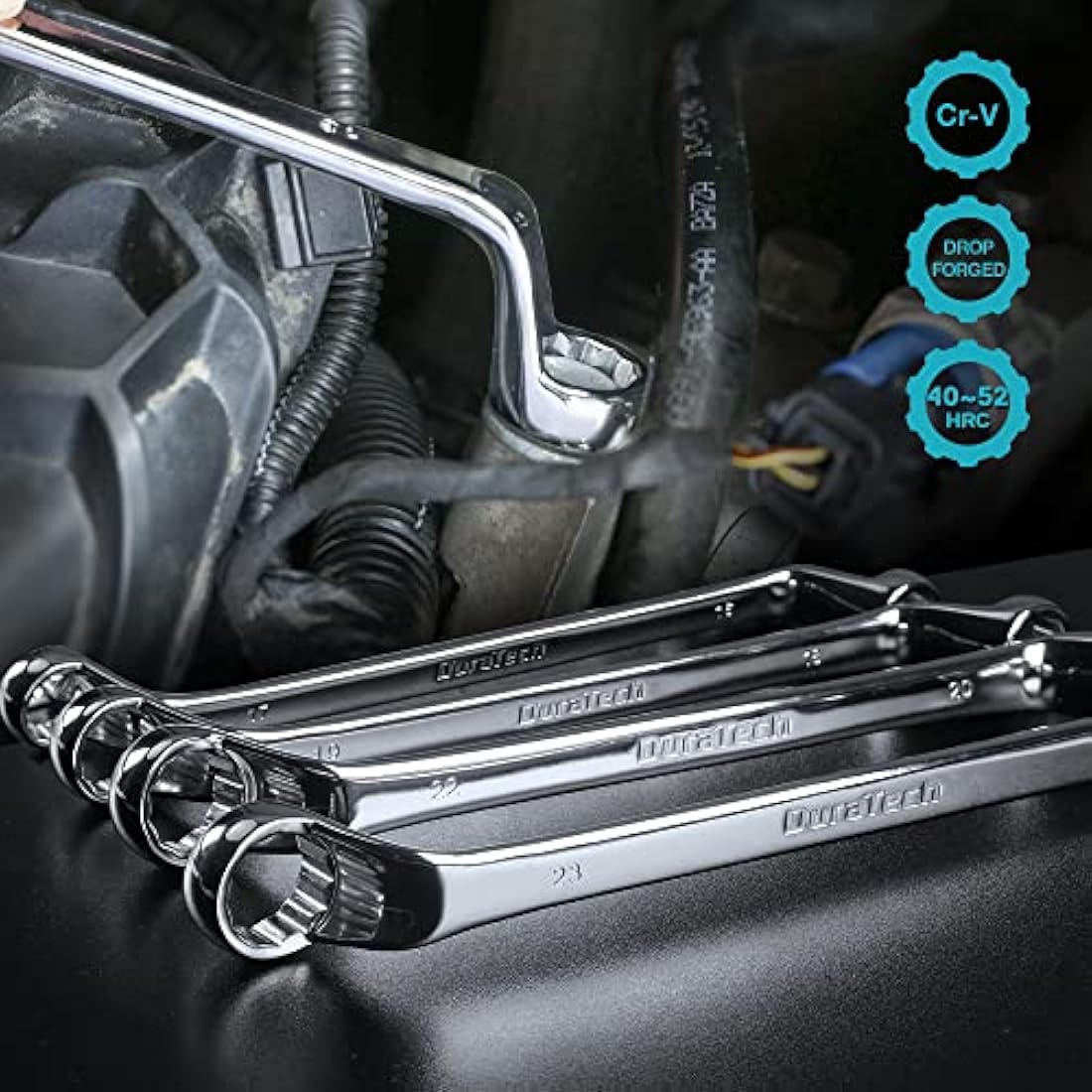 DURATECH Offset Double Ring Spanner Set, 9-Piece Metric Box End Wrench Set with Roll Pouch - 75-Degree Offset, 6-23mm, 12-Point, Chrome Vanadium Steel