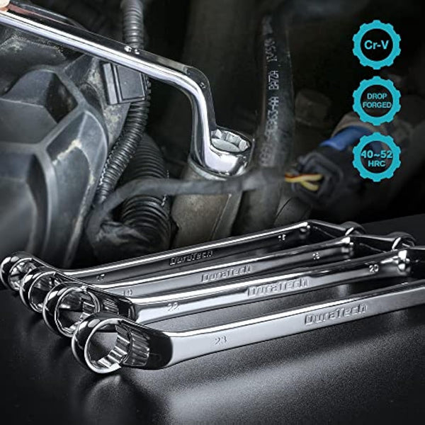 DURATECH Offset Double Ring Spanner Set, 9-Piece Metric Box End Wrench Set with Roll Pouch - 75-Degree Offset, 6-23mm, 12-Point, Chrome Vanadium Steel