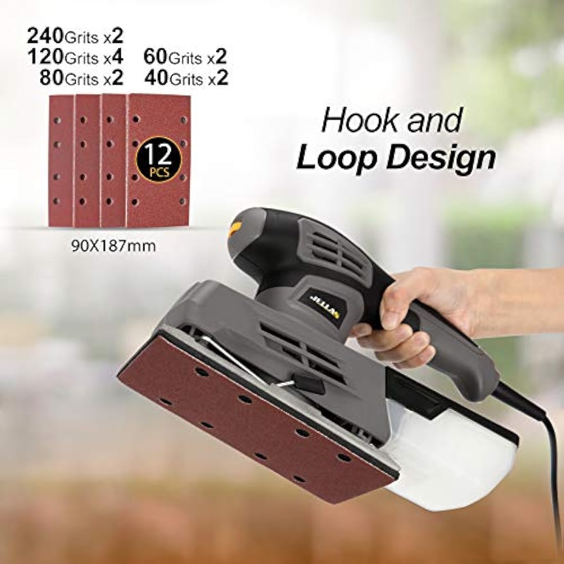 Jellas Sander, 220W 1/3 Sheet Sander, 12000RPM 6 Variable Speeds Electric Sander for Wood with Dust Collection Box, 12Pcs Sanding Sheets, Fast Paper Clamping Mechanism